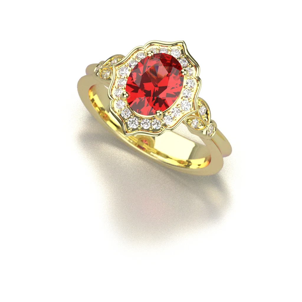 custom jewellery yellow gold ring with diamonds and large centre ruby gemstone by Bruce Trick