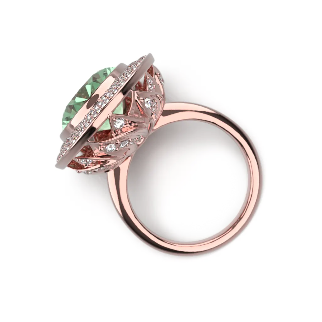 custom jewellery - large multi diamond and green gemstone ring in 14k rose gold by Bruce Trick