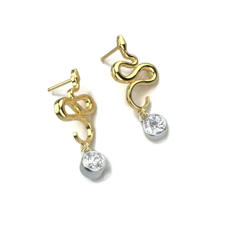 Pair of yellow gold and white gold earrings in the form of snakes with diamond dangles