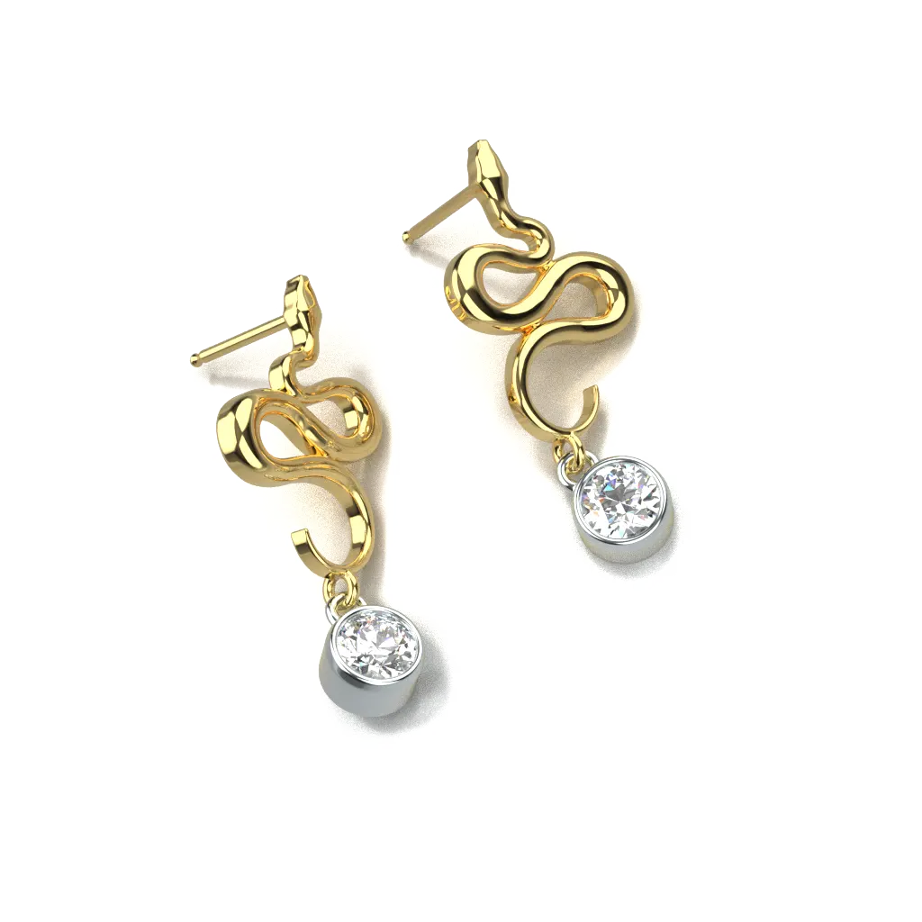 Custom jewellery yellow gold and white gold earrings in the form of snakes with diamond dangles