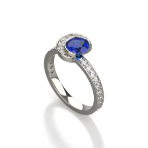 Platinum engagemnt ring with diamonds and blue sapphire with moon motif by Bruce Trick