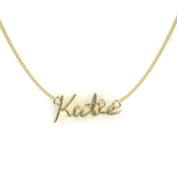 handwritten name pendant necklace in 14k yellow gold by Bruce Trick