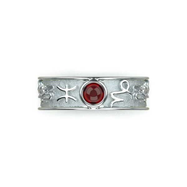14k white gold Ring with garnet and zodiac motifs by Bruce Trick