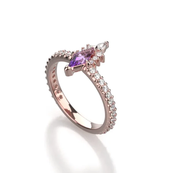 14k yellow gold engagement ring with diamonds and kite cut purple sapphire by Bruce Trick