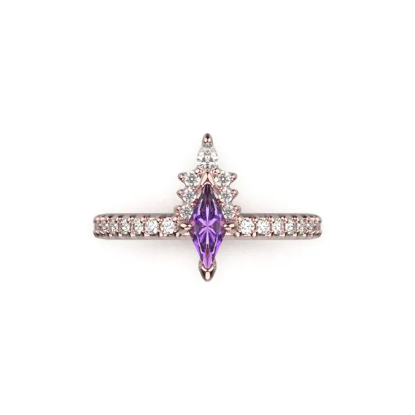 14k yellow gold engagement ring with diamonds and kite cut purple sapphire by Bruce Trick