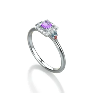 14k white gold diamond and gemstone engagement ring with aquamarine and ruby by Bruce Trick