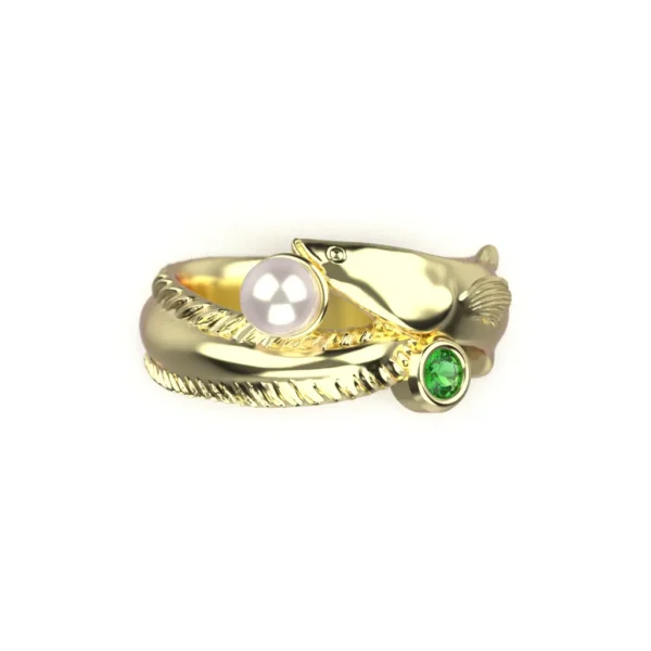 14k yellow godl eel ring with pearl and emerald by Bruce Trick