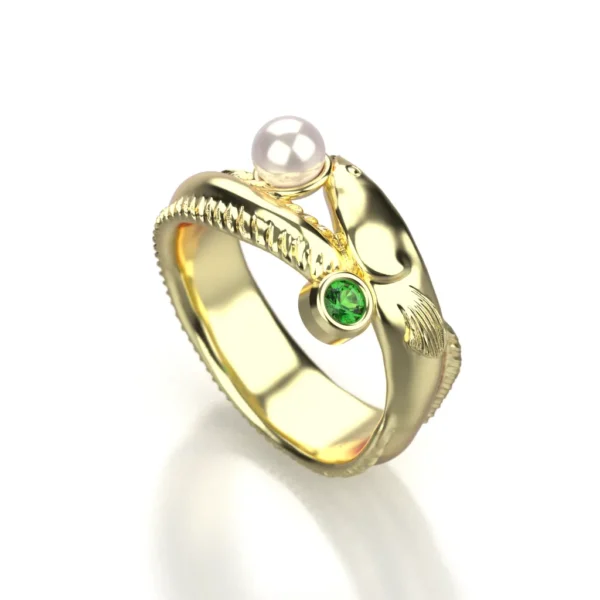 14k yellow godl eel ring with pearl and emerald by Bruce Trick