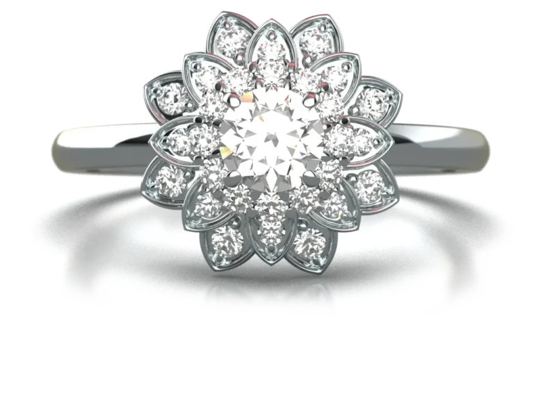 14k white gold diamond statement ring in flower motif by Bruce Trick