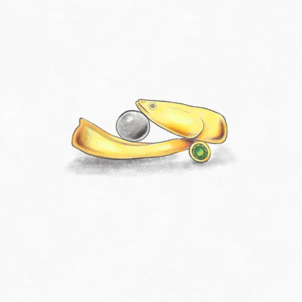 14k yellow godl eel ring with pearl and emerald skecth and design by Bruce Trick
