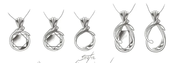 sketches and designs of 14k yellow gold pendant with turquoise in Art Nouveau design by Bruce Trick