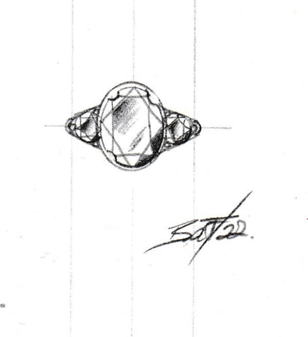 Sketch and design of 14k yellow gold diamond engagement ring with large oval diamond by Bruce Trick