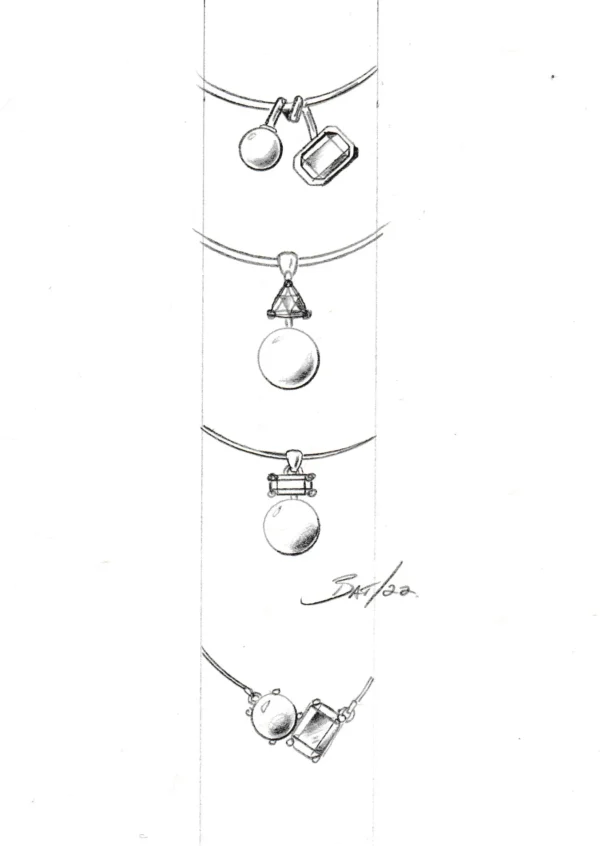Sketches and designs of 14k white gold necklace pendant with pearl and salt-and-pepper diamond by Bruce Trick