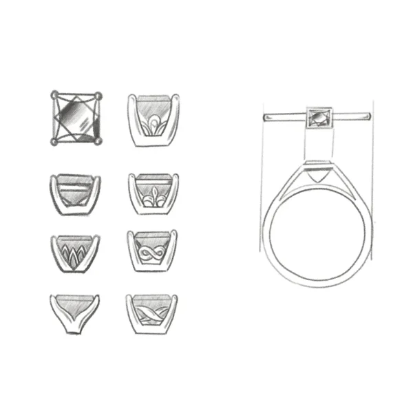 Diamond ring sketch and designs with image of various ring crowns by Bruce Trick