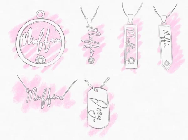 Sketches of designs of named pendants by Bruce Trick