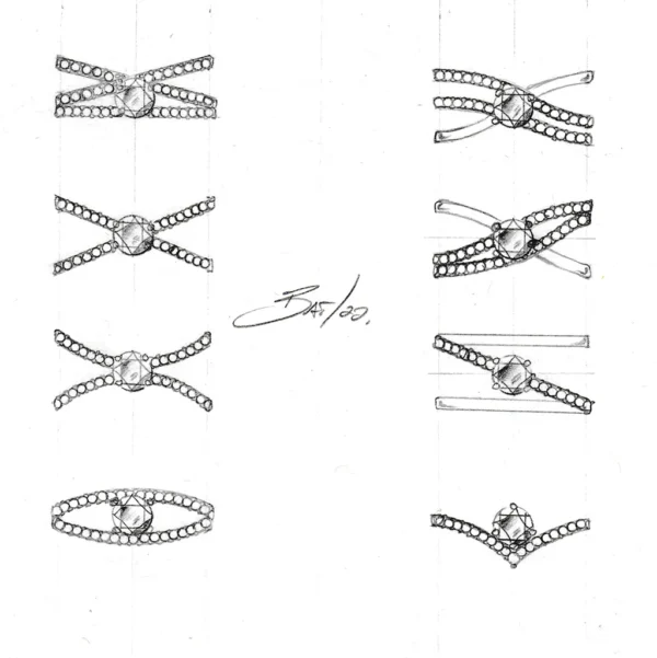 sketch of rings with diamonds and gemstones by Bruce Trick